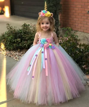Pastel Unicorn Tutu Dress for Girls with Flower Appliques & Rainbow Tulle