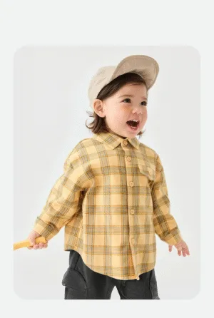 Boys Plaid Shirt Long Sleeve – Casual Cotton Blend Yellow Checkered Top for Kids (4T/110cm)