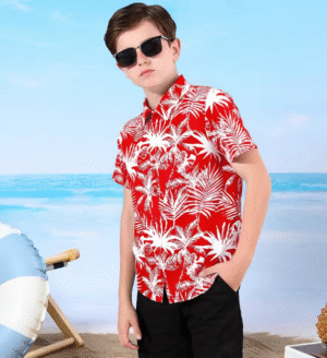 Boys Red Hawaiian Shirt – Tropical Print Short Sleeve Beachwear for Kids (5-6 Years)