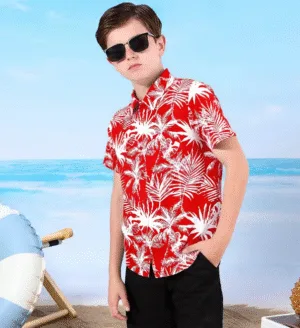 Boys Red Hawaiian Shirt – Tropical Print Short Sleeve Beachwear for Kids (5-6 Years)