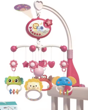 Musical Baby Crib Mobile with Light Projection & Remote Control | Rotating Animal Rattles, 400 Melodies, and Timing Sleep Mode (Pink)