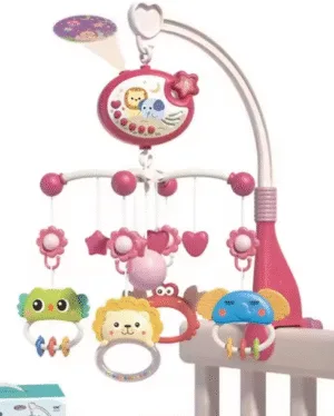Musical Baby Crib Mobile with Light Projection & Remote Control | Rotating Animal Rattles, 400 Melodies, and Timing Sleep Mode (Pink)
