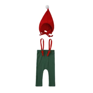Christmas Baby Outfit Set – Knit Green Overalls with Red Straps and Santa Hat | (Red & Green)