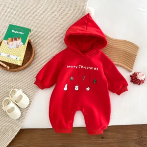 Christmas Baby Hooded Romper – Warm Fleece-Lined Long Sleeve Jumpsuit with Cute Holiday Print (Red, Size 90 / 24 Months)