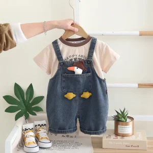 Toddler Duck Denim Overalls Outfit Set – Summer Kids T-Shirt & Adjustable Shorts Bibs | 2-Piece Casual Clothes for Boys & Girls (Beige, 4T)