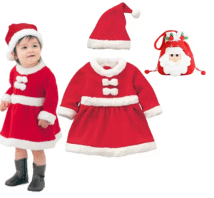 Christmas Baby Santa Claus Costume Outfit – Red Holiday Dress with Hat & Bag for Girls | Soft Cosplay Party Set (3T)