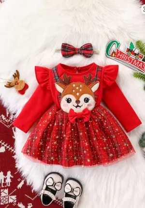 Christmas Reindeer Dress – Long Sleeve Plaid Tulle Holiday Outfit with Bow & Sparkly Star Skirt, Faux Suspender Design (12–18 Months, Red)