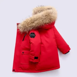 Winter Kids Padded Jacket with Fur Collar – Thick Hooded Cotton Coat for Boys & Girls, Warm Plus Velvet Outerwear (Red)