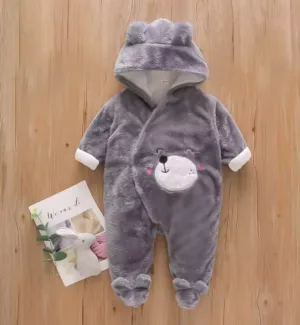 Baby Winter Romper – Thick Warm Hooded Onesie with Ears & Cartoon Embroidery for 12–18 Months (Grey)