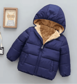 Navy Blue Fleece Jacket – Warm Winter Hooded Coat for Boys & Girls, Soft Plush Lining, Removable Hood, Windproof Outerwear (4T)