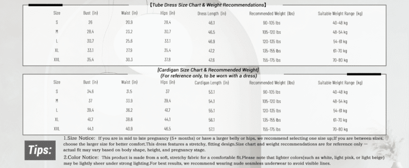 Two overlaid size charts (tube dress and cardigan) showing bust, waist, hips, dress length, and weight ranges, with a Tips section at the bottom.