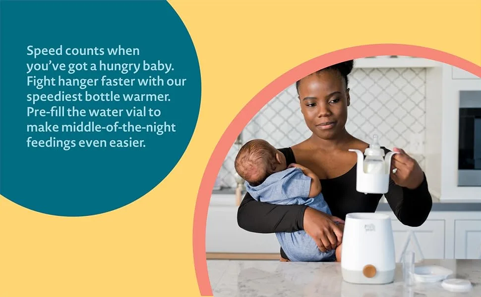Mother holds a baby while using a bottle warmer in a bright kitchen; a teal circular text block conveys feeding tips as part of an infographic.