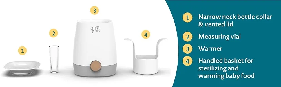 Diagram of a baby bottle sterilizer and warmer set with four parts labeled 1–4: 1 narrow-neck bottle collar with vented lid, 2 measuring vial, 3 warmer, 4 handled basket for sterilizing and warming baby food. The teal panel lists the components on the right.
