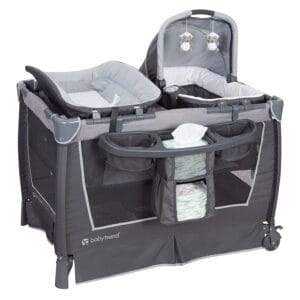 Baby Trend Retreat Nursery Center Playard, Bassinet & Storage, Robin | Portable Playard with Changing Table, Foldable and Convertible Travel Play Crib for Babies and Toddlers