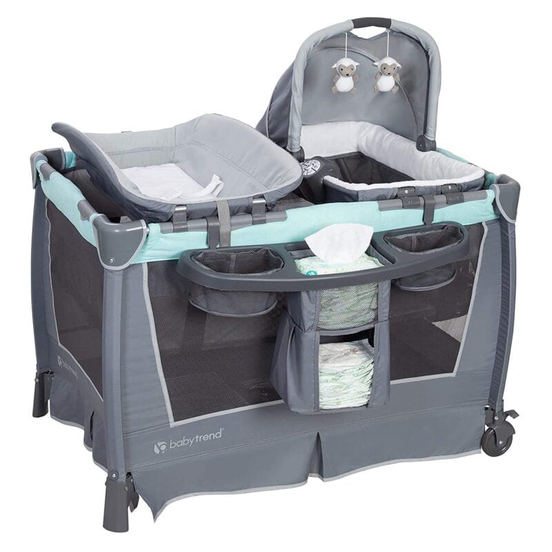 Baby Trend Retreat Nursery Center Playard, Bassinet & Storage, Robin | Portable Playard with Changing Table, Foldable and Convertible Travel Play Crib for Babies and Toddlers
