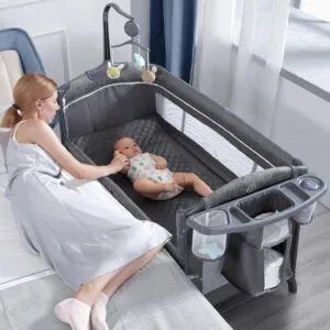 BabyBond Baby Bassinet Bedside Crib, Pack and Play, Diaper Changing Table | Portable Large Playard, Music Mobile, with Mattress, Lockable Wheels, Storage Shelf, Easy Fold, From...