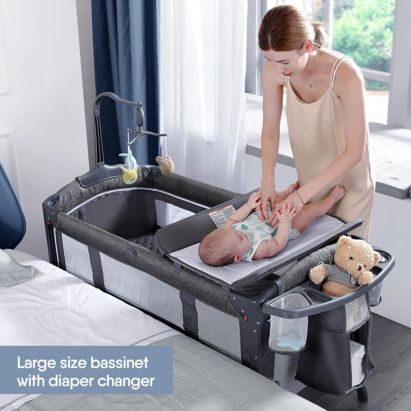 BabyBond Baby Bassinet Bedside Crib, Pack and Play, Diaper Changing Table | Portable Large Playard, Music Mobile, with Mattress, Lockable Wheels, Storage Shelf, Easy Fold, From...