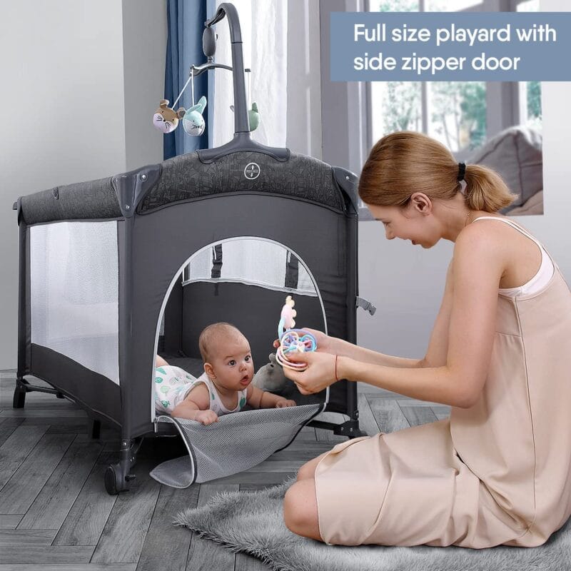 BabyBond Baby Bassinet Bedside Crib, Pack and Play, Diaper Changing Table | Portable Large Playard, Music Mobile, with Mattress, Lockable Wheels, Storage Shelf, Easy Fold, From...