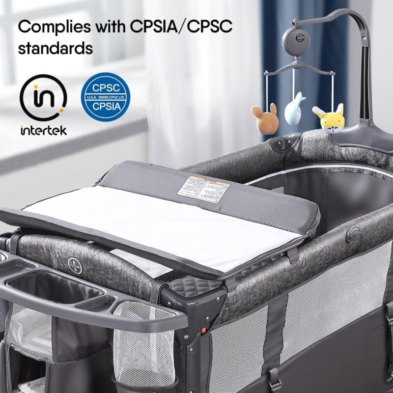 BabyBond Baby Bassinet Bedside Crib, Pack and Play, Diaper Changing Table | Portable Large Playard, Music Mobile, with Mattress, Lockable Wheels, Storage Shelf, Easy Fold, From...