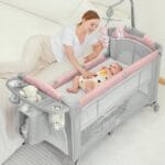 BabyBond Baby Bassinet Bedside Crib, Pack and Play, Diaper Changing Table | Portable Large Playard, Music Mobile, with Mattress, Lockable Wheels, Storage Shelf, Easy Fold, From...