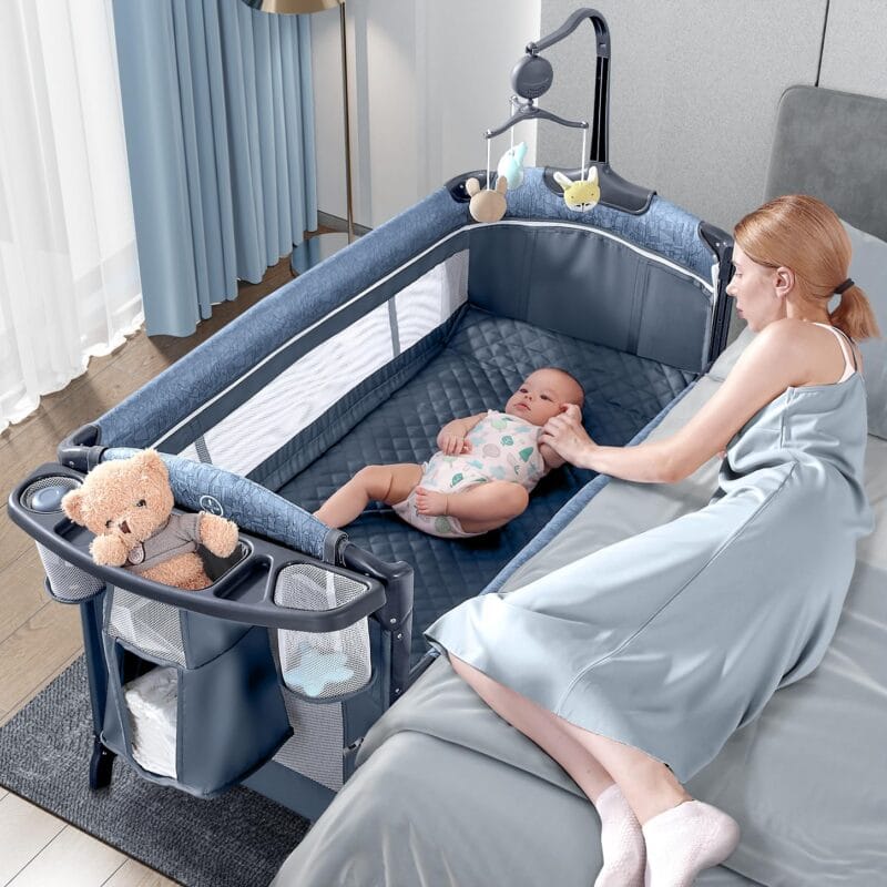 BabyBond Baby Bassinet Bedside Crib, Pack and Play, Diaper Changing Table | Portable Large Playard, Music Mobile, with Mattress, Lockable Wheels, Storage Shelf, Easy Fold, From...