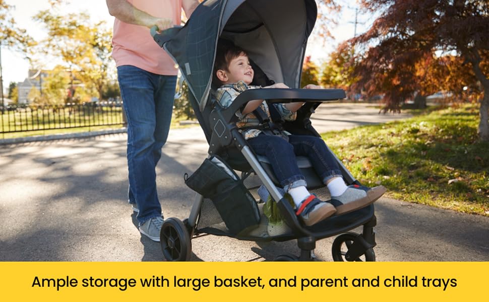 ea1148c3-e0f6-45f4-9c2e-81505795cd43__CR0019401200_PT0_SX970_V1___ | Babyz Corner Parent pushing a stroller with a smiling child inside; large storage basket and trays visible in a park setting.