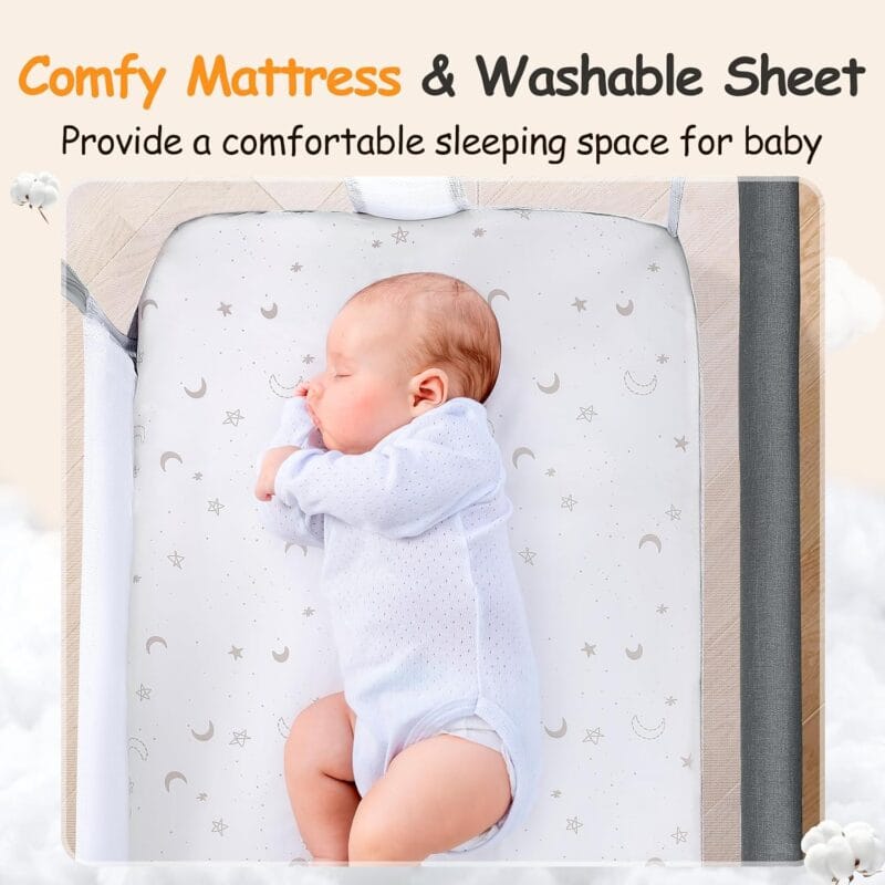 Ezebaby Bedside Bassinet for Baby, Portable Baby Bassinet Bedside Sleeper for Newborn Infants with Wheels Storage Basket, Adjustable 7 Heights and All Mesh Sides
