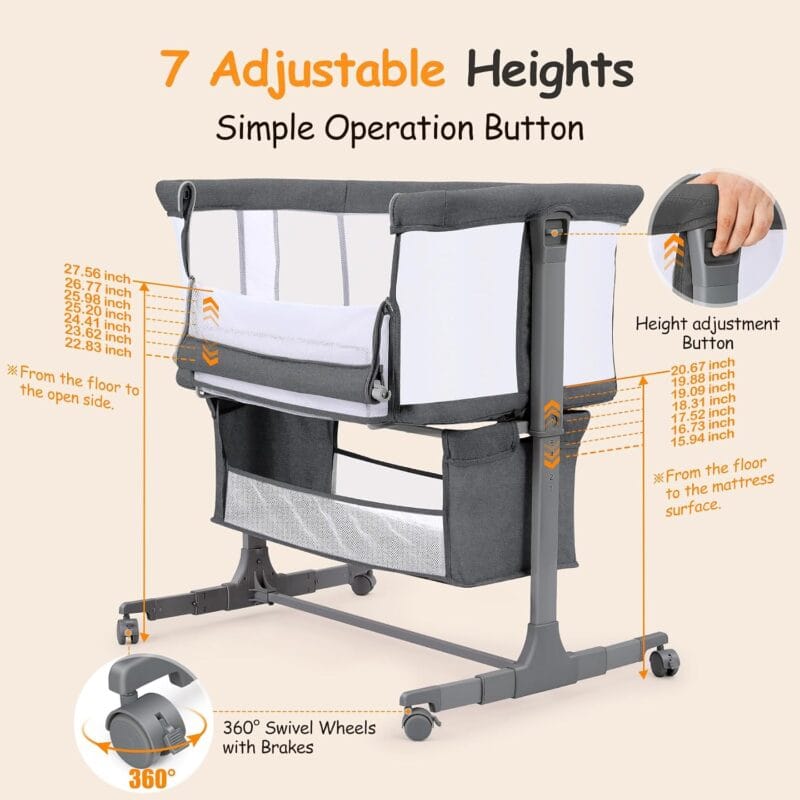 Ezebaby Bedside Bassinet for Baby, Portable Baby Bassinet Bedside Sleeper for Newborn Infants with Wheels Storage Basket, Adjustable 7 Heights and All Mesh Sides