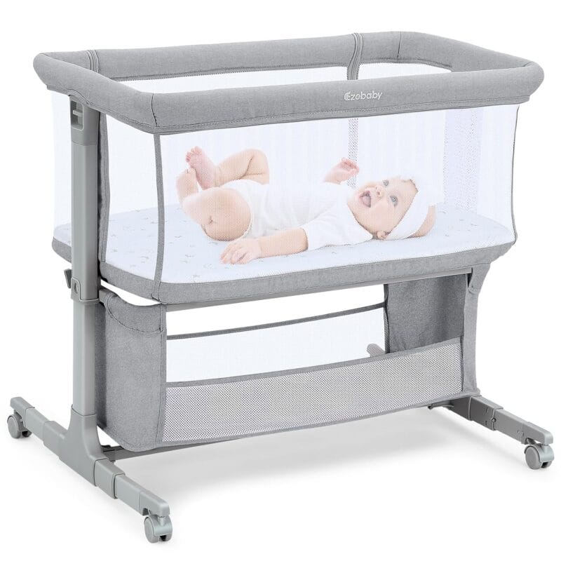 Ezebaby Bedside Bassinet for Baby, Portable Baby Bassinet Bedside Sleeper for Newborn Infants with Wheels Storage Basket, Adjustable 7 Heights and All Mesh Sides