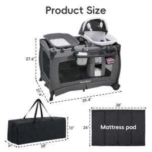Pamo Babe Pack and Play 4-in-1 Baby Playard with Bassinet & Changing Table, Foldable Portable Playpen with Mattress, Travel Crib for Newborn to Toddler 0-36M-Black