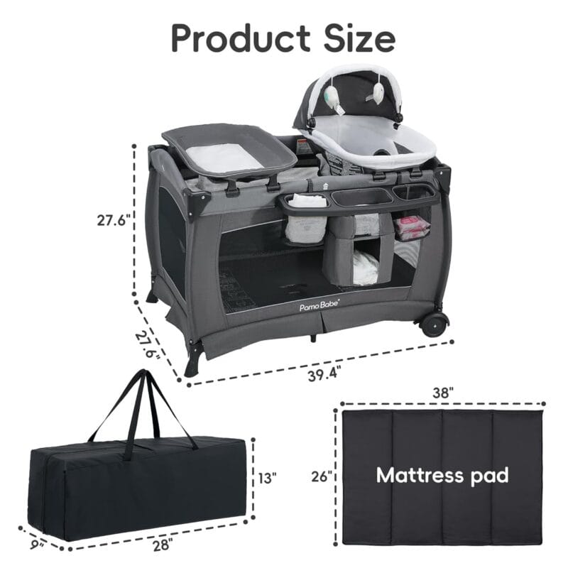 Pamo Babe Pack and Play 4-in-1 Baby Playard with Bassinet & Changing Table, Foldable Portable Playpen with Mattress, Travel Crib for Newborn to Toddler 0-36M-Black