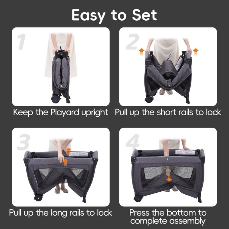 Pamo Babe Pack and Play 4-in-1 Baby Playard with Bassinet & Changing Table, Foldable Portable Playpen with Mattress, Travel Crib for Newborn to Toddler 0-36M-Black