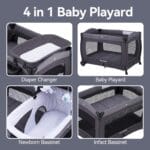 Pamo Babe Pack and Play 4-in-1 Baby Playard with Bassinet & Changing Table, Foldable Portable Playpen with Mattress, Travel Crib for Newborn to Toddler 0-36M-Black
