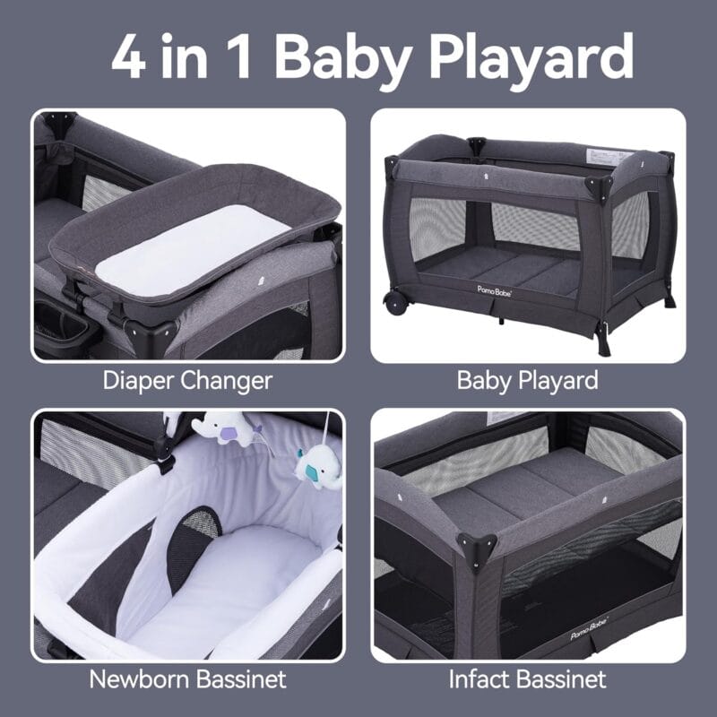 Pamo Babe Pack and Play 4-in-1 Baby Playard with Bassinet & Changing Table, Foldable Portable Playpen with Mattress, Travel Crib for Newborn to Toddler 0-36M-Black