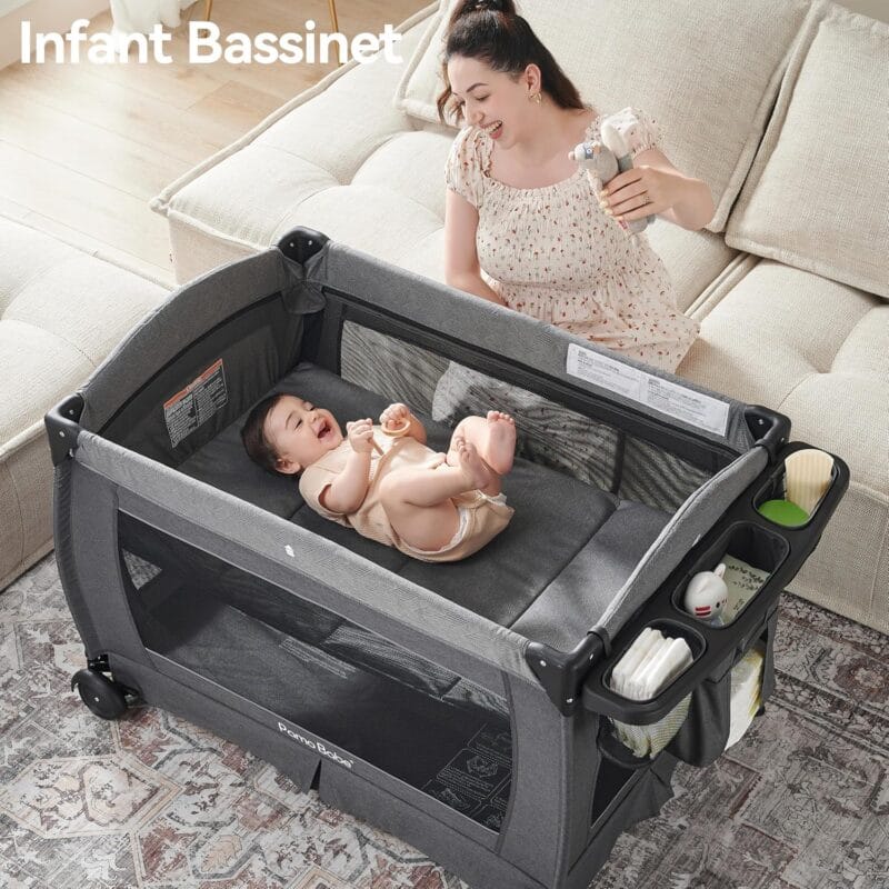 Pamo Babe Pack and Play 4-in-1 Baby Playard with Bassinet & Changing Table, Foldable Portable Playpen with Mattress, Travel Crib for Newborn to Toddler 0-36M-Black