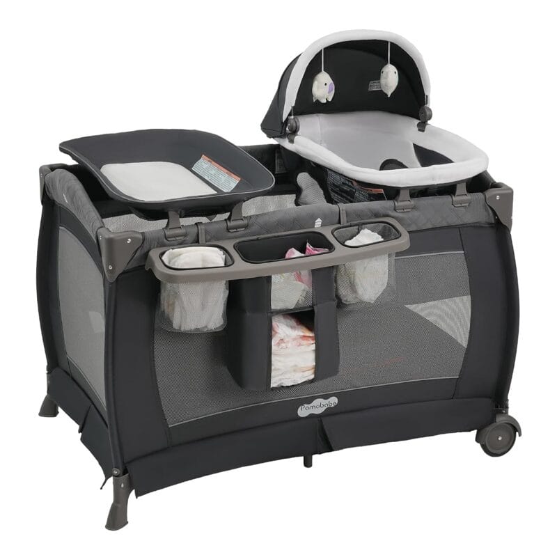 Pamo Babe Pack and Play 4-in-1 Baby Playard with Bassinet & Changing Table, Foldable Portable Playpen with Mattress, Travel Crib for Newborn to Toddler 0-36M-Black