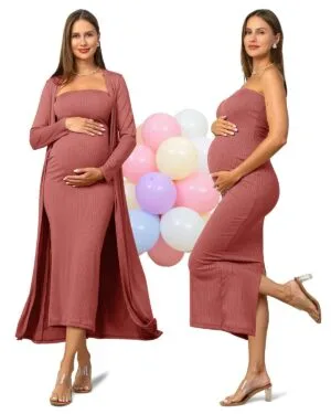 Rnxrbb 2 PCS Tube Baby Shower Maternity Dress Cardigan Set Bodycon Long | Soft stretch fabric with mix-and-match styling for summer to winter, gender reveals & special occasions