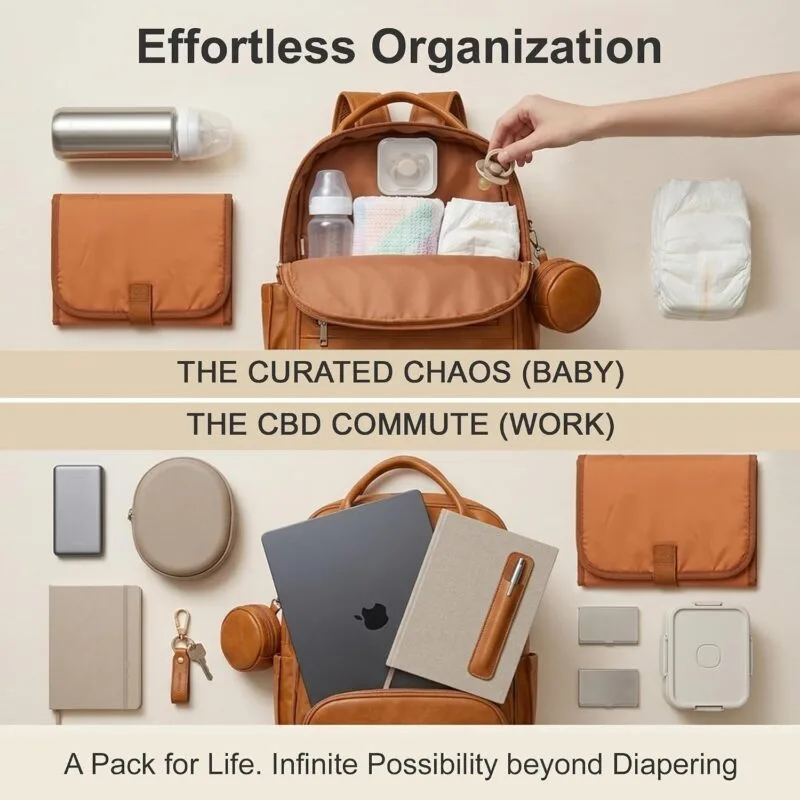 Flat lay of a tan backpack with baby supplies and tech items, overlaid with the title 'Effortless Organization' and subtitle lines.