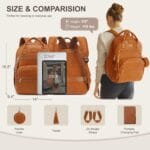 71MI2OsEWCL_AC_SL1500_ | Babyz Corner Infographic showing a brown backpack with size measurements (16.5" tall, 14" wide, 9.4" deep) and accessory icons (tablet sizes 12.9" and 15.6") for travel use. Includes a model wearing a backpack on the right and accessory options below.