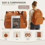 Infographic showing a brown backpack with size measurements (16.5" tall, 14" wide, 9.4" deep) and accessory icons (tablet sizes 12.9" and 15.6") for travel use. Includes a model wearing a backpack on the right and accessory options below.