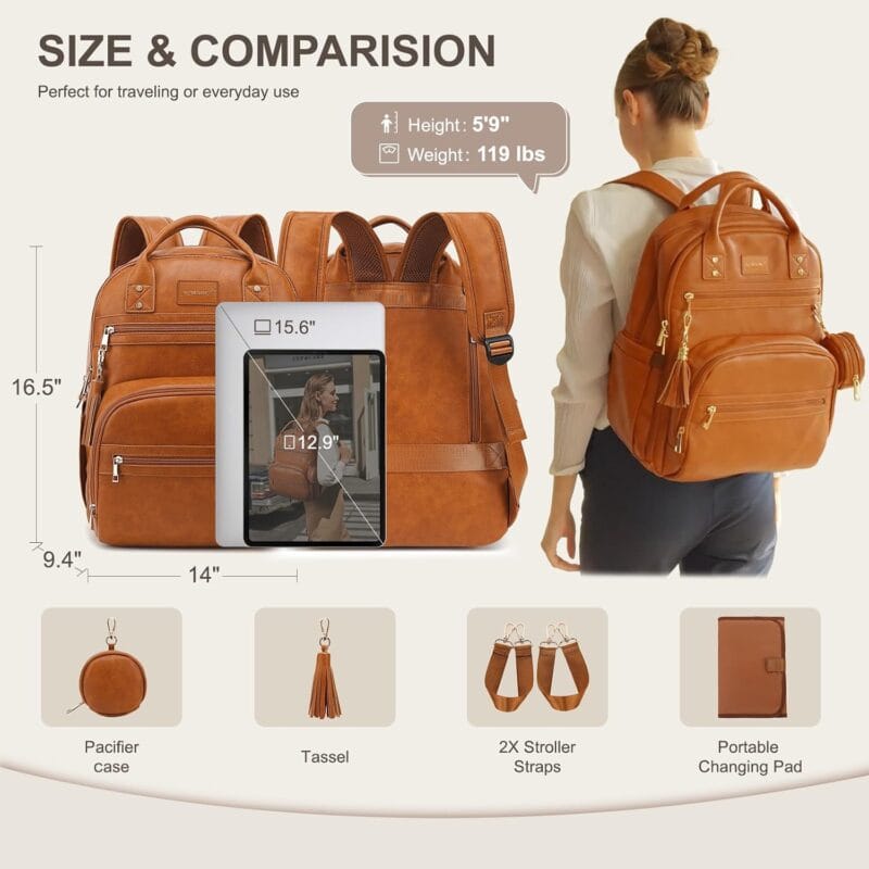71MI2OsEWCL_AC_SL1500_ | Babyz Corner Infographic showing a brown backpack with size measurements (16.5" tall, 14" wide, 9.4" deep) and accessory icons (tablet sizes 12.9" and 15.6") for travel use. Includes a model wearing a backpack on the right and accessory options below.