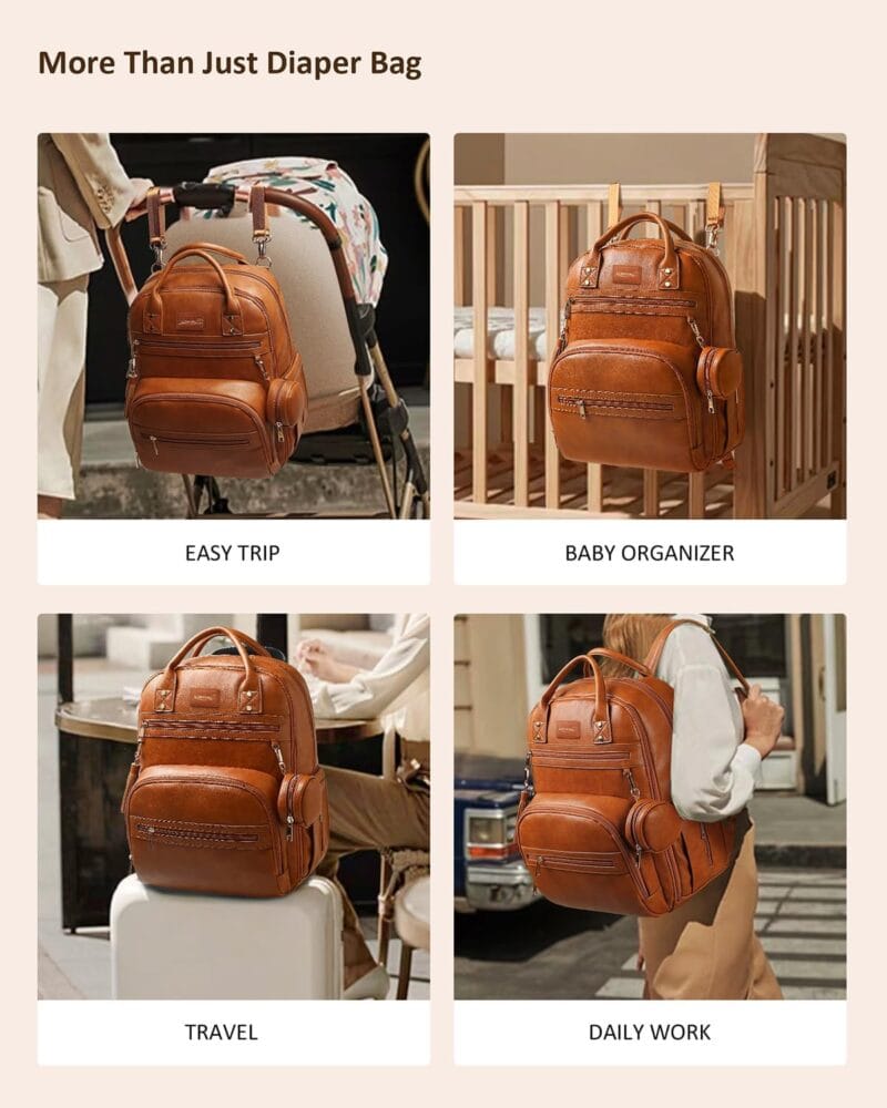 Brown leather diaper bag for travel, labeled Easy Trip, hanging from a stroller with a stroller handle nearby.