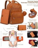 Brown leather-look diaper backpack with multiple pockets and a detachable pacifier case.Includes fold-out diaper pad, wipe pocket, and side carry options.