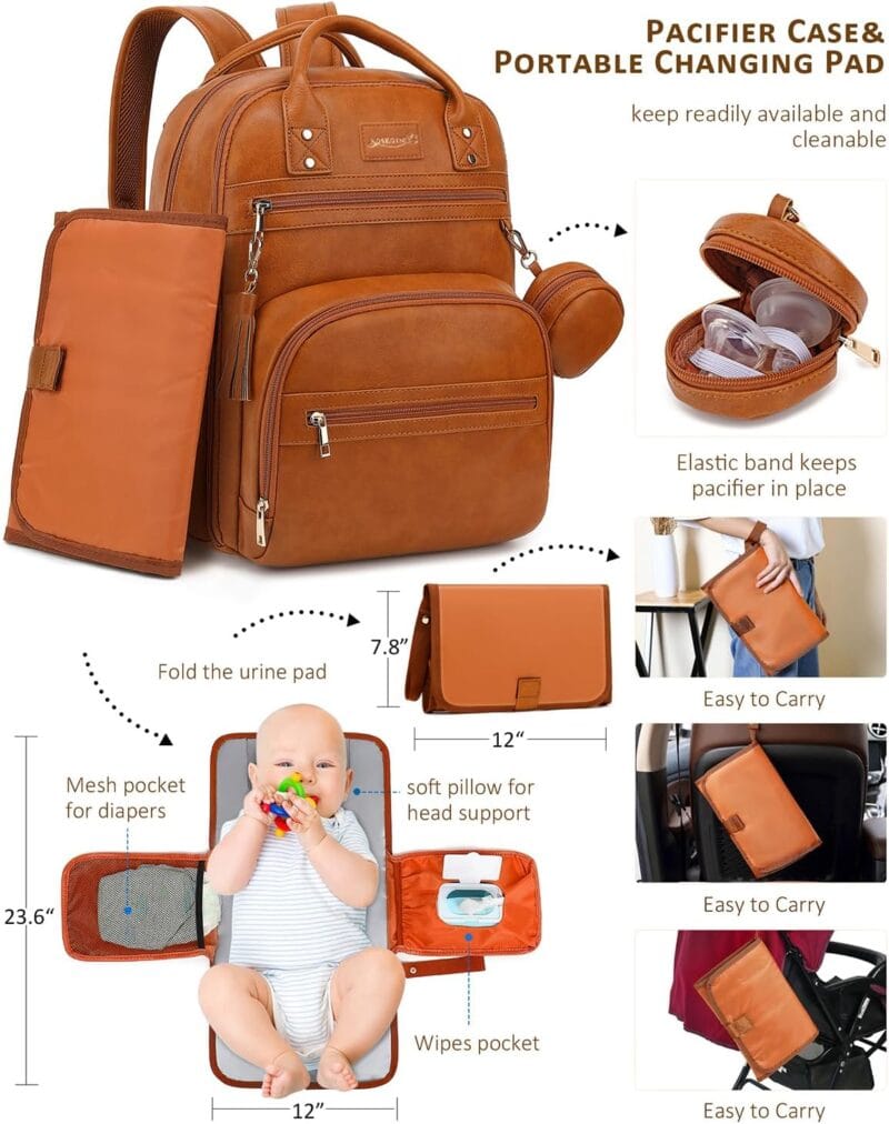 Brown leather-look diaper backpack with multiple pockets and a detachable pacifier case.Includes fold-out diaper pad, wipe pocket, and side carry options.