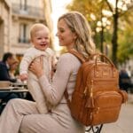71XhU17fLPL_AC_SL1500_ | Babyz Corner Mother in a beige sweater smiles at her baby while holding him; a brown leather backpack sits beside them at an outdoor cafe.