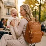Mother in a beige sweater smiles at her baby while holding him; a brown leather backpack sits beside them at an outdoor cafe.