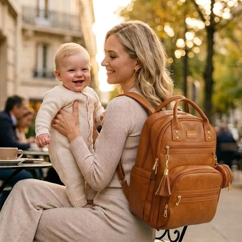 Mother in a beige sweater smiles at her baby while holding him; a brown leather backpack sits beside them at an outdoor cafe.