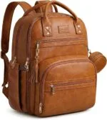 Tan leather backpack with multiple zippered compartments and a small attached round pouch on the side.