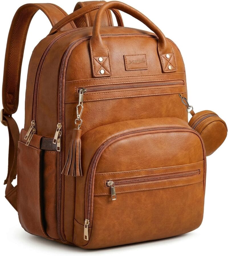 Tan leather backpack with multiple zippered compartments and a small attached round pouch on the side.