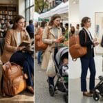 91gp9vApp5L_AC_SL1500_ | Babyz Corner Triptych of a woman with a brown leather backpack in three scenes: reading in a cafe, grocery shopping with a stroller, and standing in an art gallery with a wine glass.